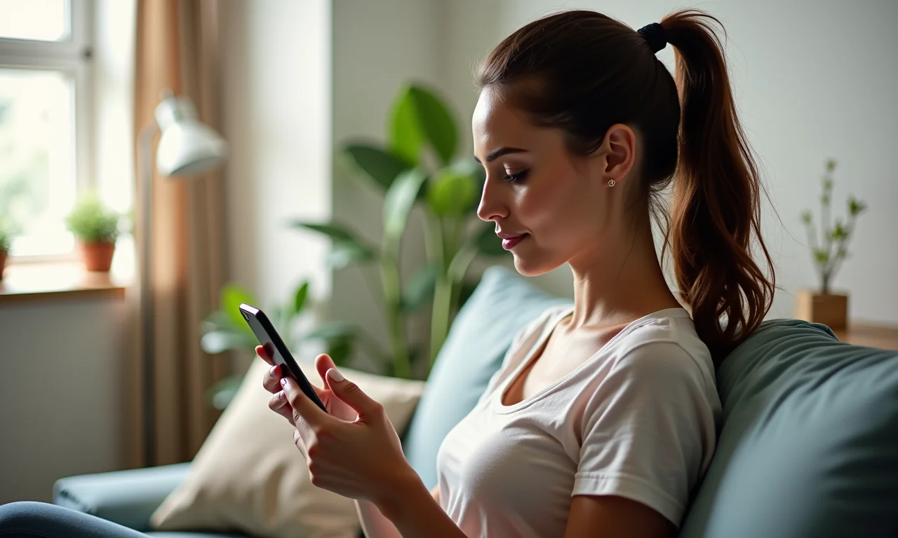 Mulher usando celular com boa postura.