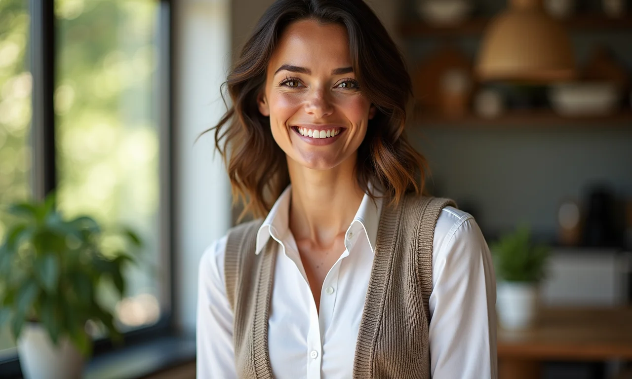 Mulher usando colete Renner em ambiente natural.