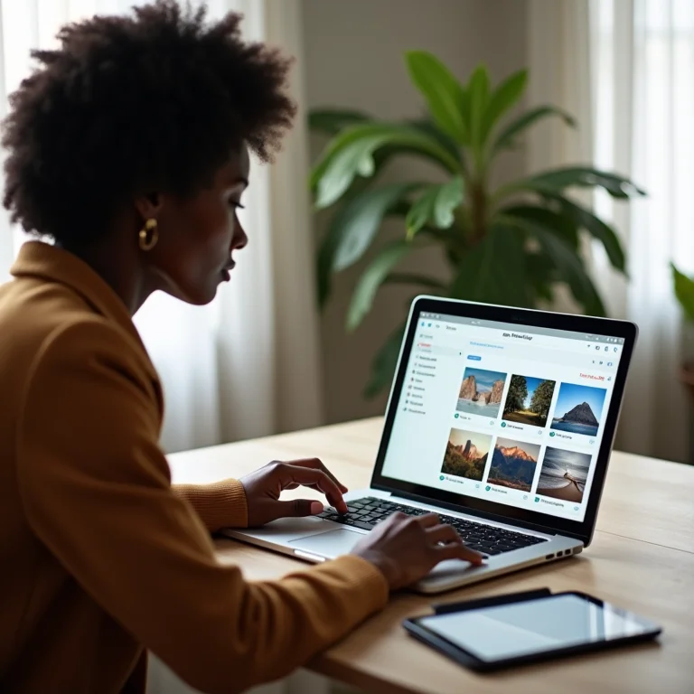 Mulher usando diferentes métodos de organização de fotos na nuvem.