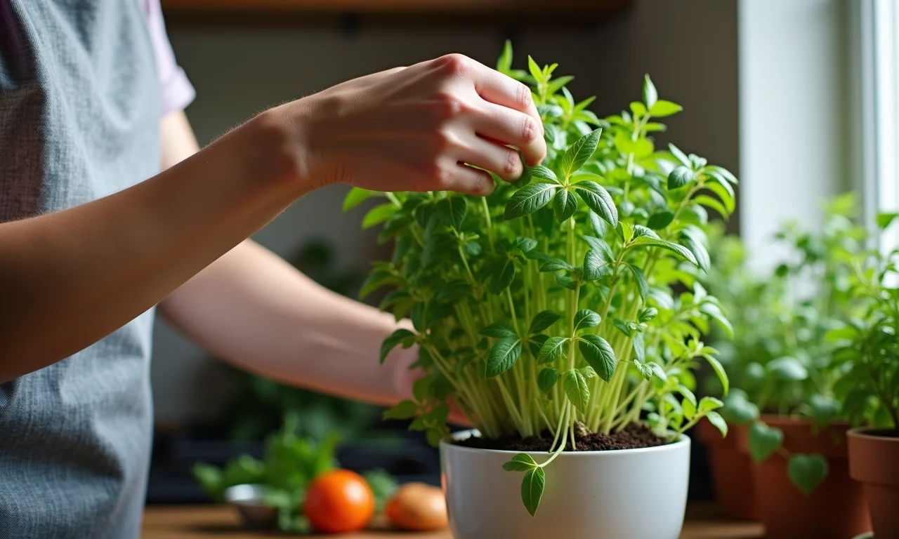 Mulher usando ervas aromáticas frescas cultivadas em vasos na cozinha.