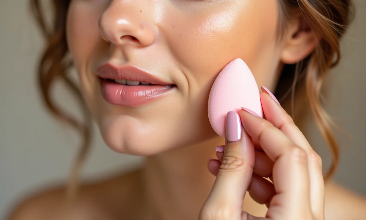 Mulher usando esponja de maquiagem da Marca W para aplicar base.
