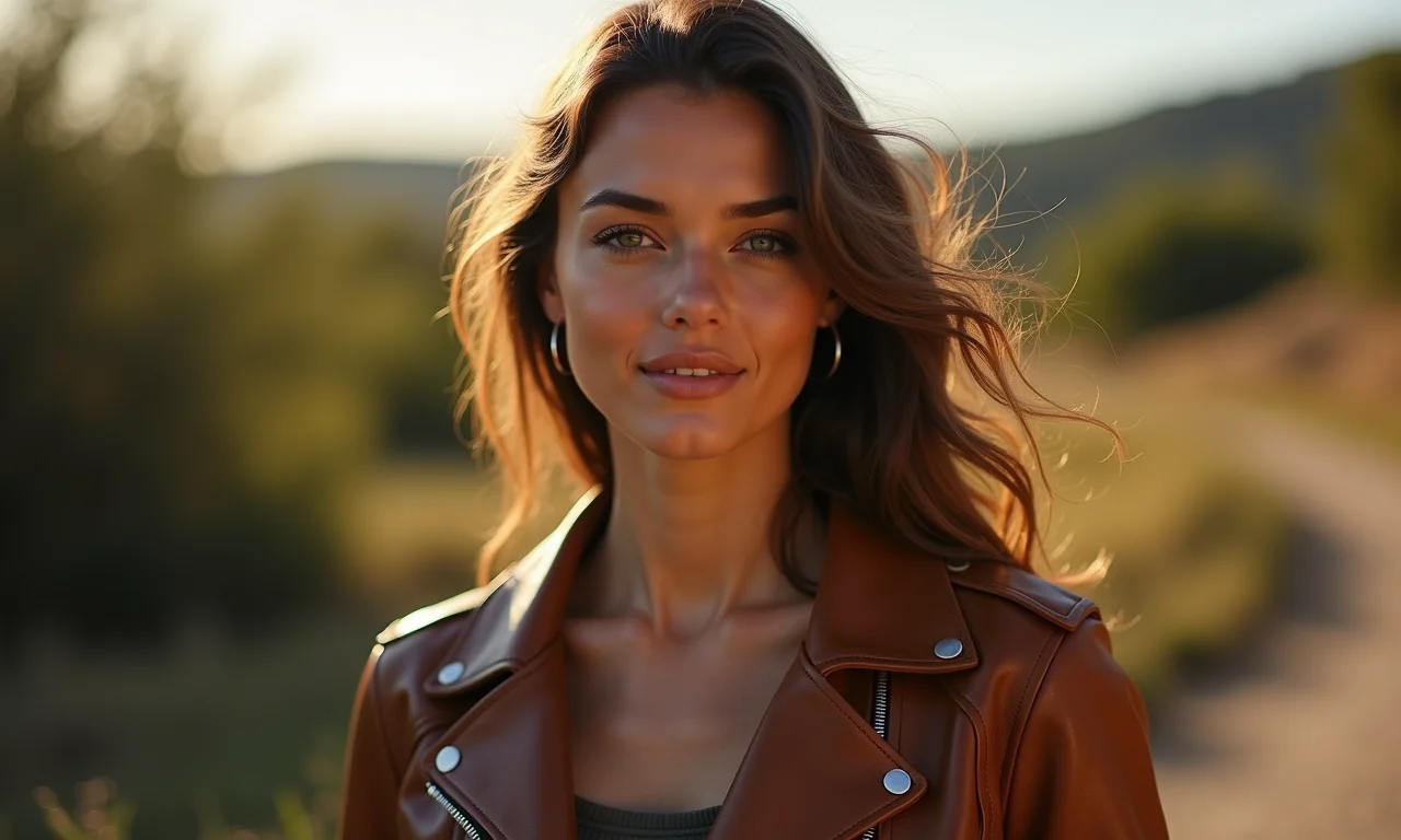 Mulher usando jaqueta de couro eco C&A em look estiloso.