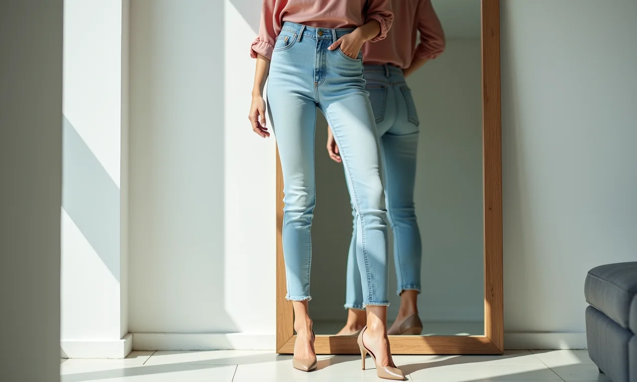 Mulher usando jeans claro e salto alto em frente ao espelho.