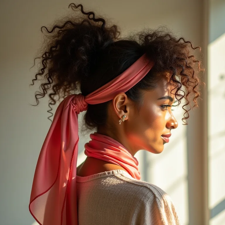 Mulher usando lenço de seda no cabelo