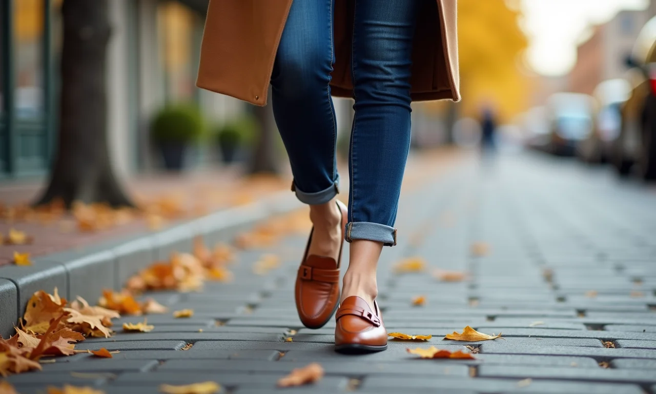 Mulher usando loafers estilosos em look de outono caminhando na rua.