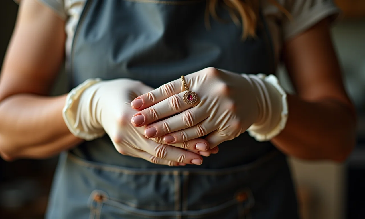 Mulher usando luvas, evitando o contato de produtos químicos com as bijuterias.