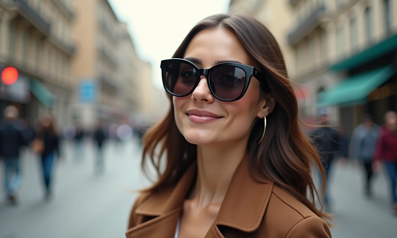 Mulher usando óculos de sol grandes em um look chique, com fundo de cidade.
