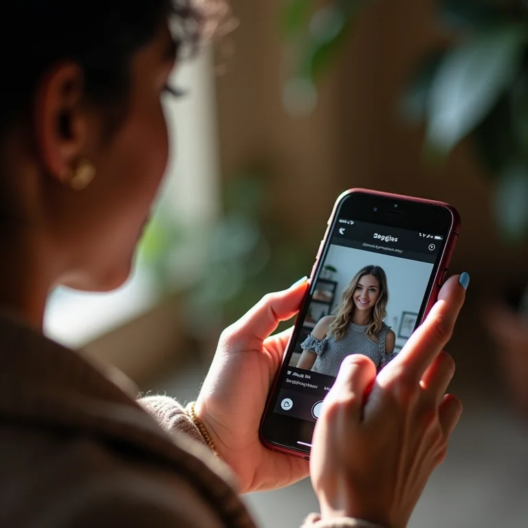 Mulher usando palavras-chave para identificar fotos no celular.