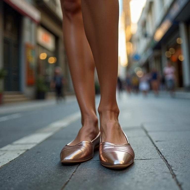 Mulher usando sapatilhas metalizadas caminhando com confiança em rua moderna de cidade brasileira.