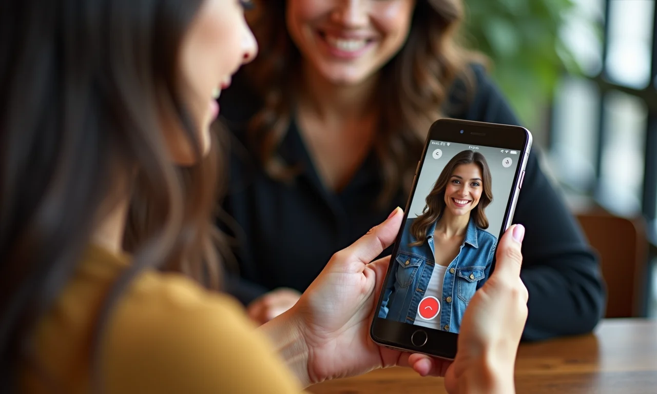Mulher usando smartphone para consultoria de estilo online em café.