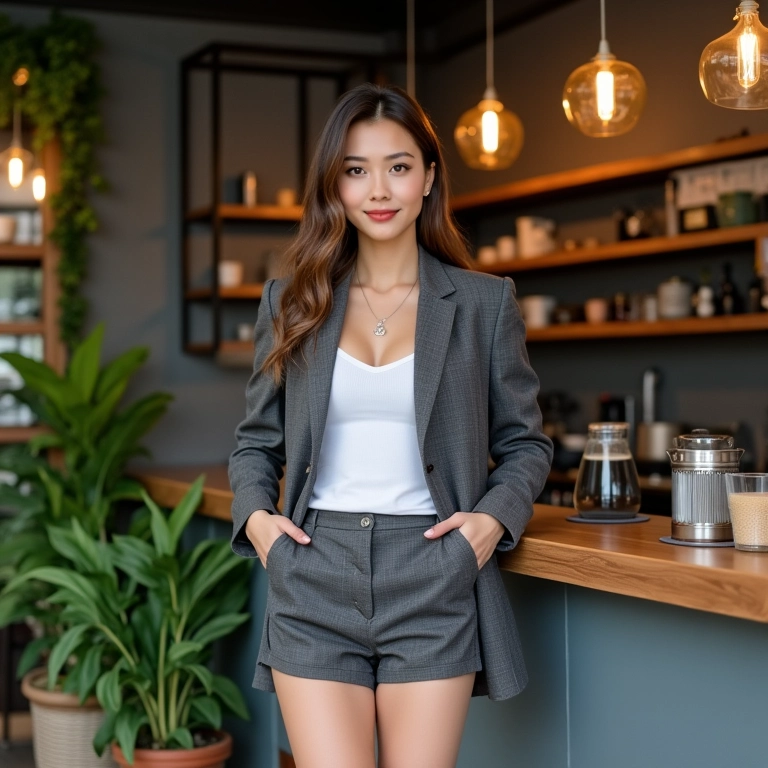 Mulher usando terninho com shorts perto de uma cafeteria moderna.