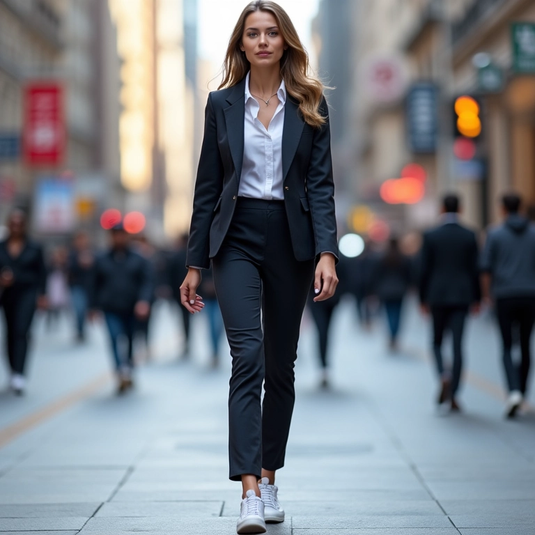 Mulher usando terninho com tênis caminhando confiante na rua.