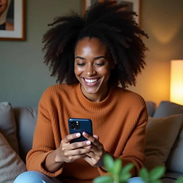 Mulher usando um aplicativo de relacionamento em casa