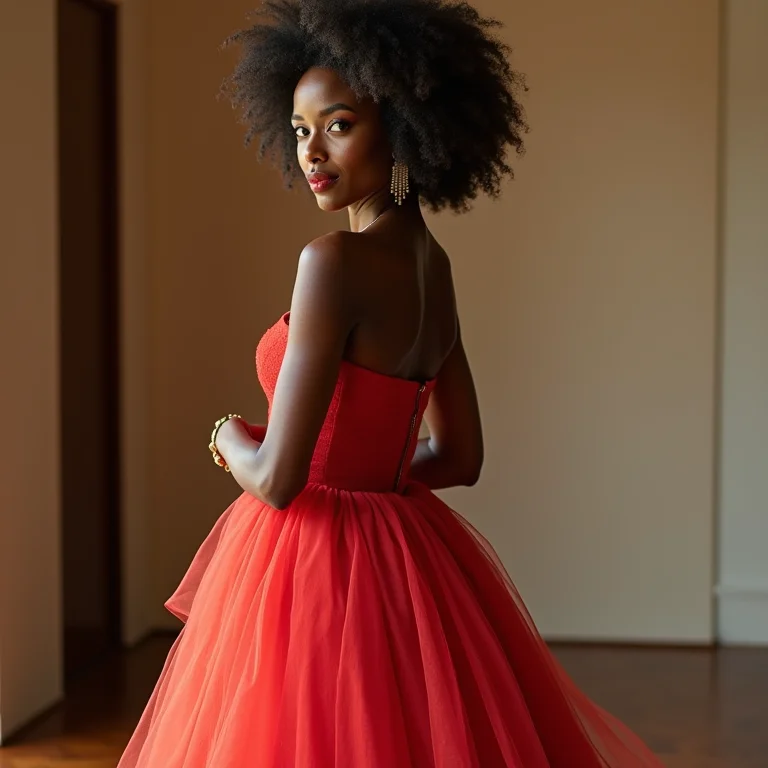 Mulher usando um vestido alugado em um evento especial, representando o aluguel de roupas como opção sustentável.