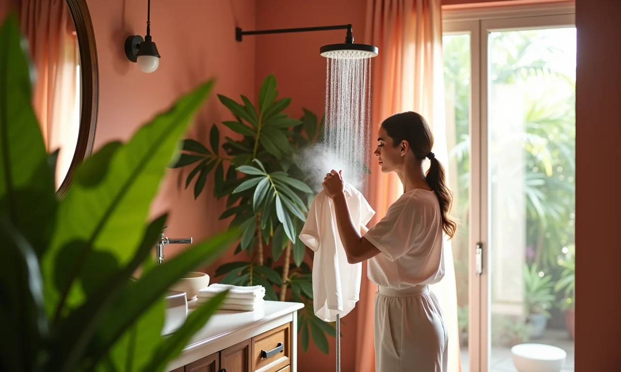 Mulher usando vapor do chuveiro para desamassar blusa no banheiro.