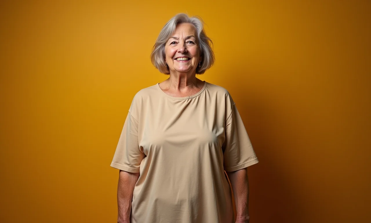 Mulher usando vestido bege largo e sem forma, com aparência desleixada e envelhecida.