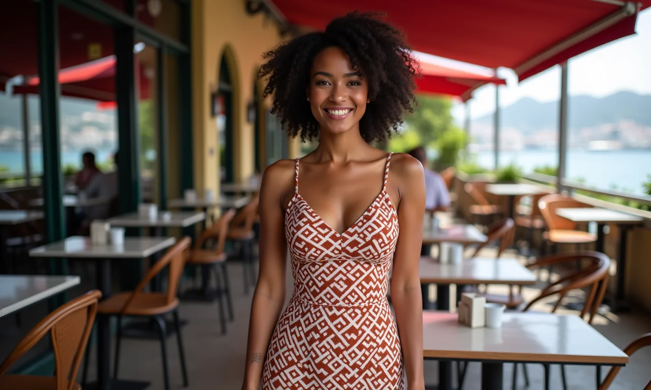 Mulher usando vestido com estampa geométrica moderna em café no Rio de Janeiro.