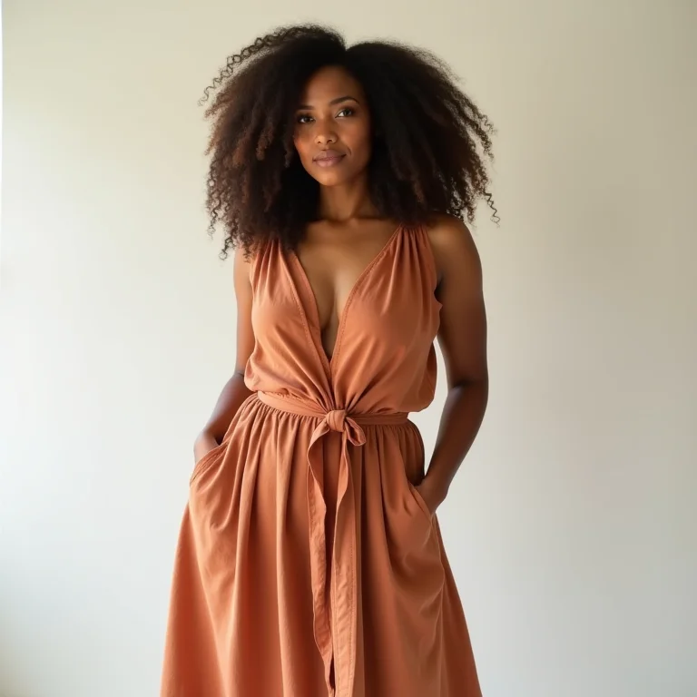 Mulher usando vestido soltinho com cinto para definir a silhueta