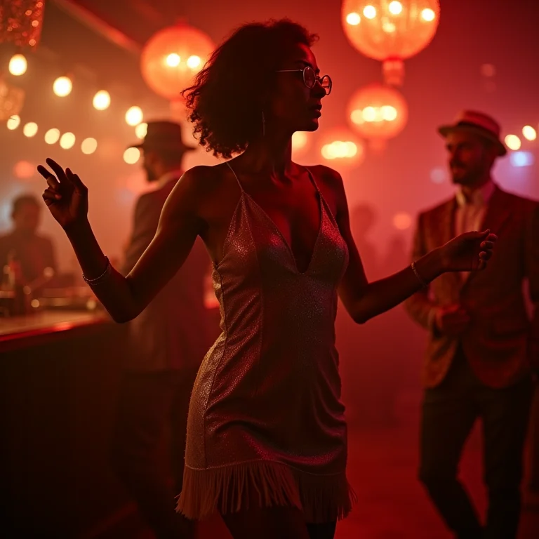 Mulher vestida como melindrosa dançando em um clube de jazz.