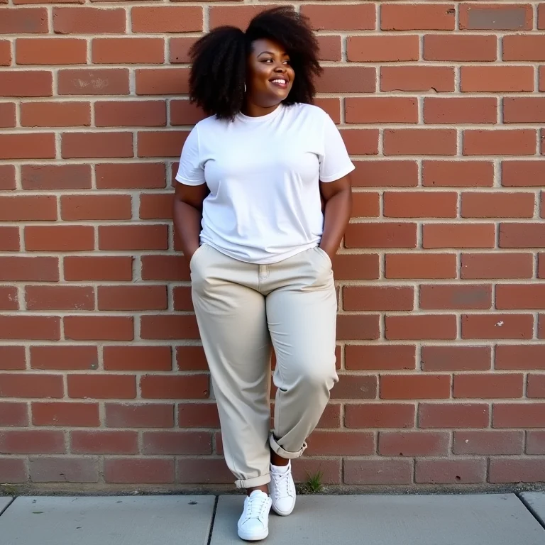 Mulher vestindo calça slouchy com camiseta e tênis