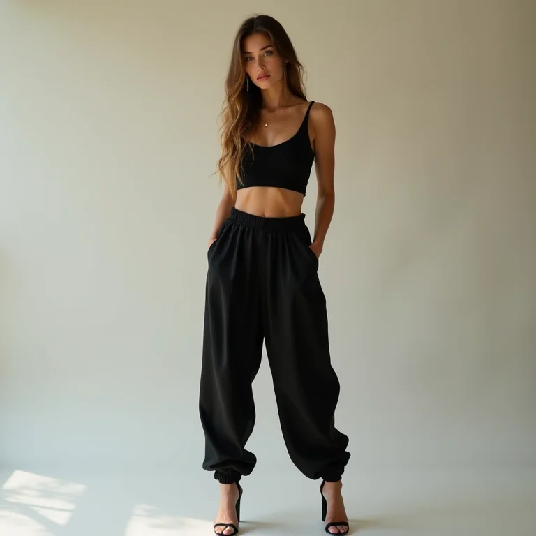 Mulher vestindo calça slouchy com cropped e salto alto