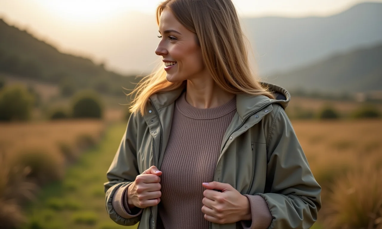 Mulher vestindo camadas de roupa para se proteger do frio em viagem internacional.