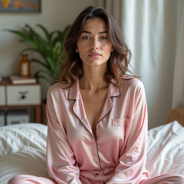 Mulher vestindo pijama de seda Any Any, confortável e estilosa.