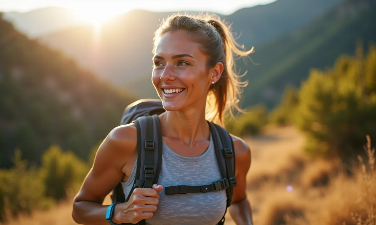 Mulher vestindo roupa de modal respirável durante trilha.