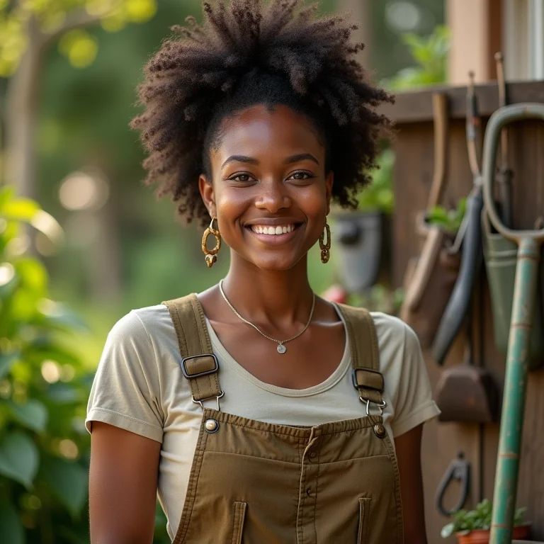 Mulher vestindo roupas ecologicamente corretas em um jardim