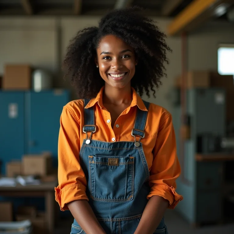 Mulher vestindo roupas utilitárias trabalhando em uma fábrica durante a Segunda Guerra Mundial.
