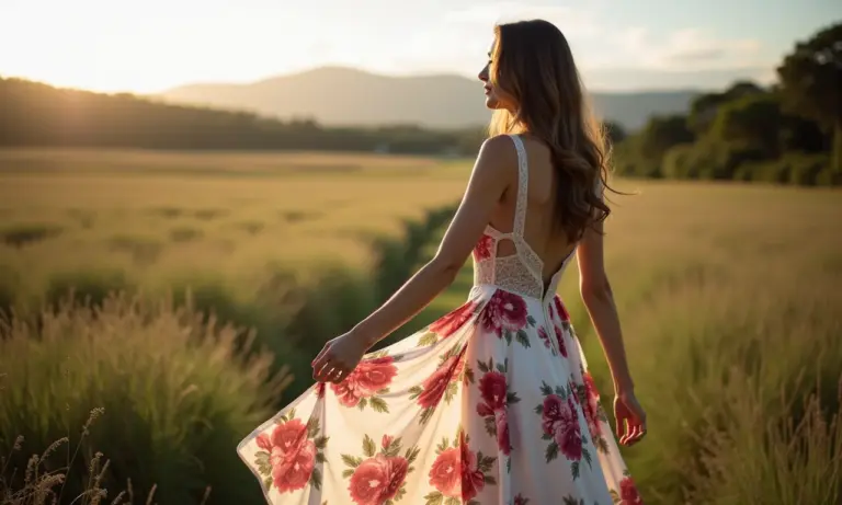 Mulher vestindo um elegante vestido longo floral em um casamento no campo.