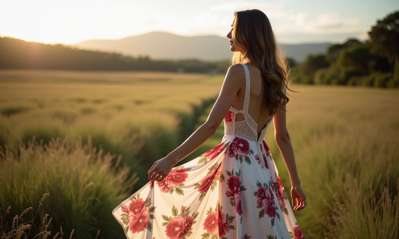 Mulher vestindo um elegante vestido longo floral em um casamento no campo.