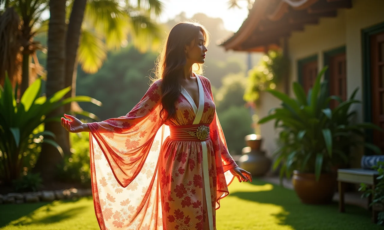 Mulher vestindo um kimono leve em um jardim tropical brasileiro.