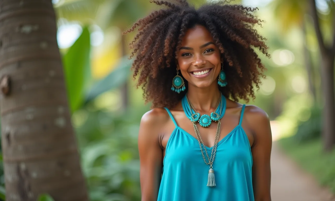 Mulher vestindo um vestido azul (cor dominante) com acessórios azul-esverdeados.