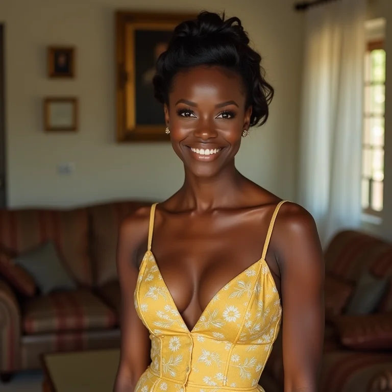 Mulher vestindo um vestido clássico dos anos 50 posando em uma sala de estar.