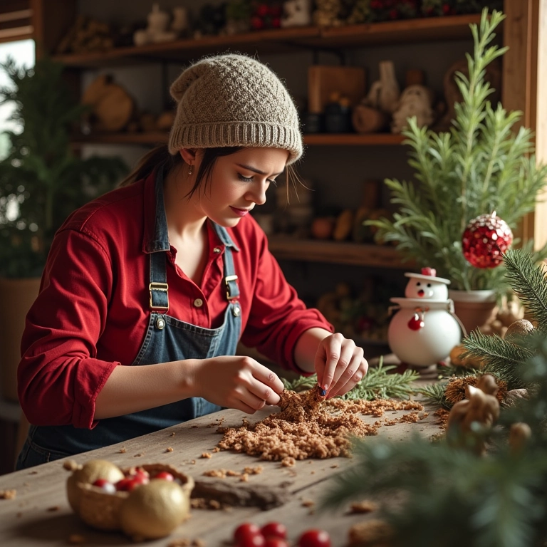 Mulheres adultas criando enfeites de Natal DIY em ambiente festivo.