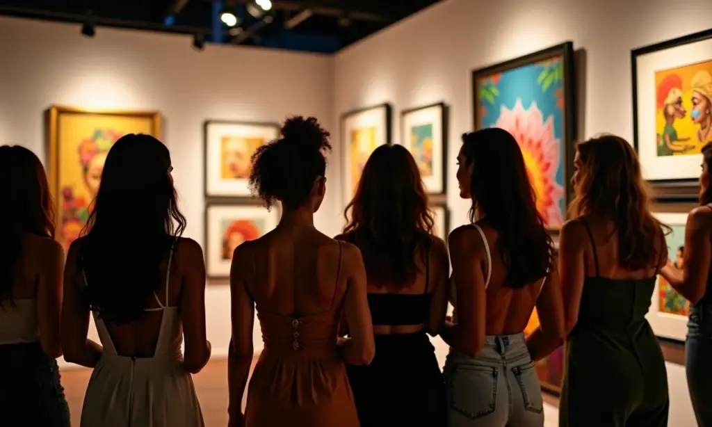 Mulheres apreciando arte em exposição noturna com looks confortáveis e estilosos.