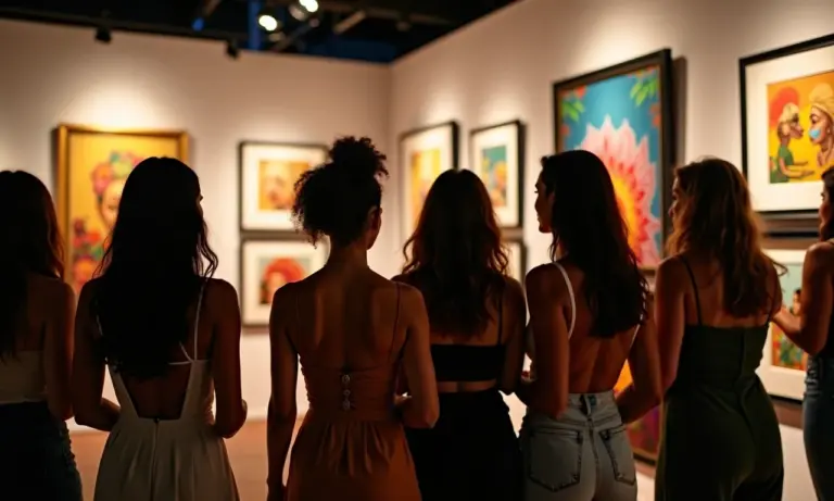 Mulheres apreciando arte em exposição noturna com looks confortáveis e estilosos.