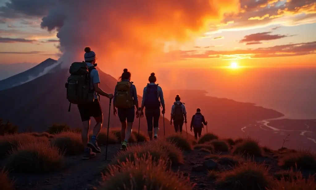 Mulheres aventureiras explorando vulcão ativo ao pôr do sol.