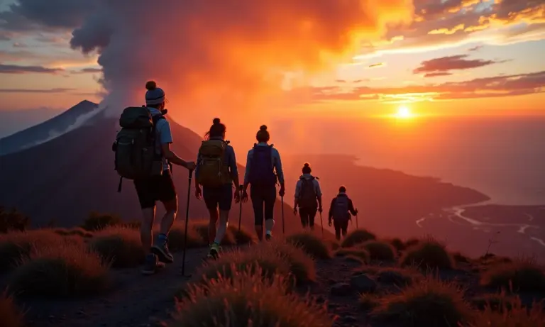 Mulheres aventureiras explorando vulcão ativo ao pôr do sol.