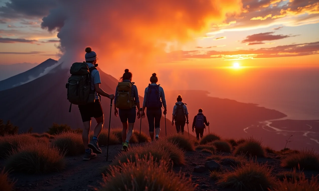 Mulheres aventureiras explorando vulcão ativo ao pôr do sol.