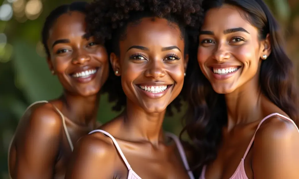 Mulheres brasileiras diversas sorrindo, mostrando produtos de beleza veganos.