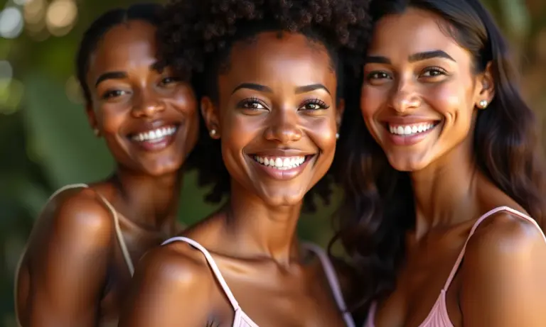 Mulheres brasileiras diversas sorrindo, mostrando produtos de beleza veganos.