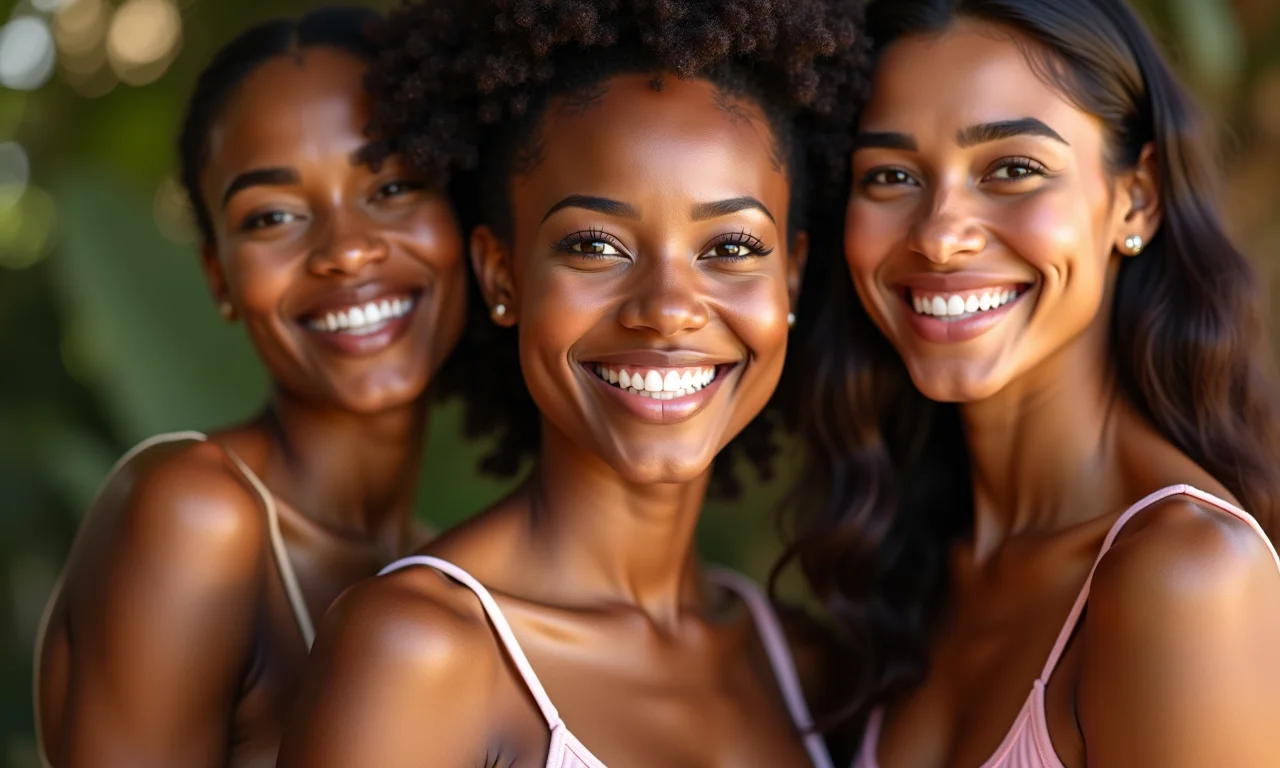 Mulheres brasileiras diversas sorrindo, mostrando produtos de beleza veganos.