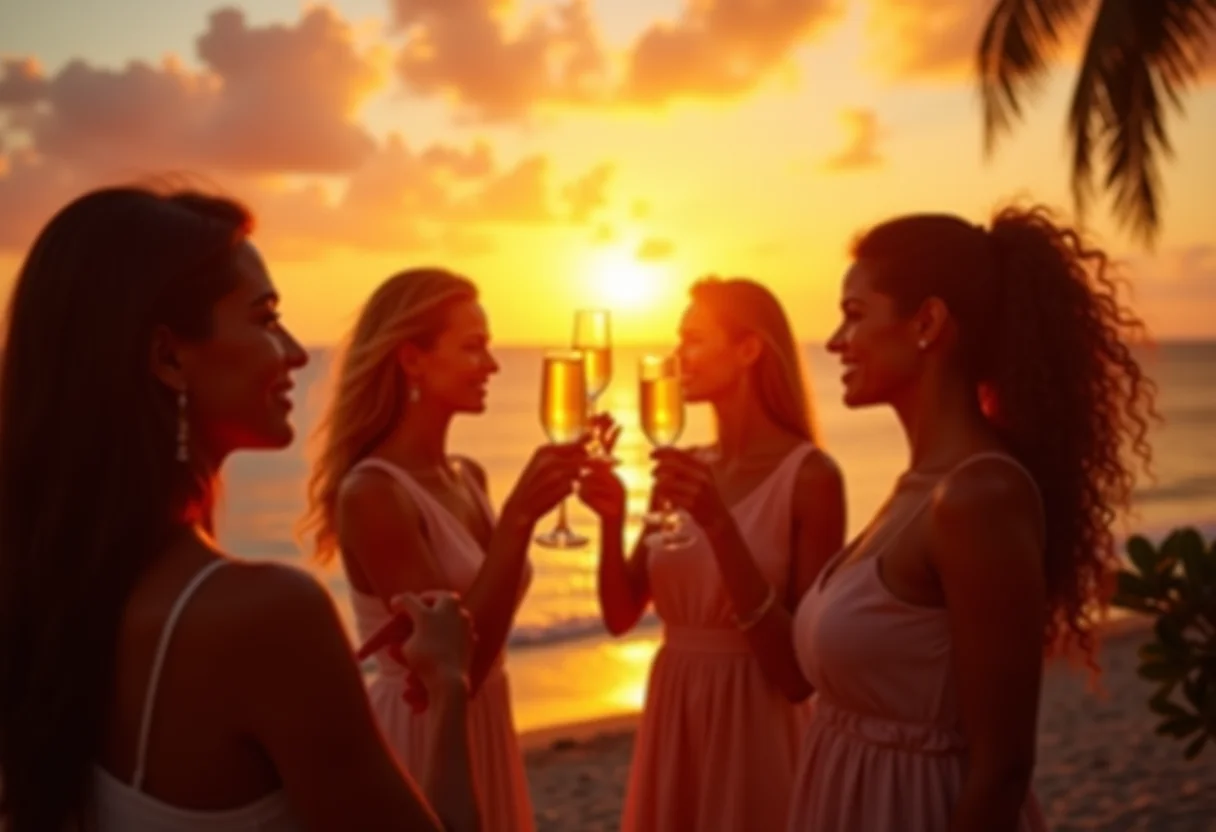 Mulheres brindando em praia paradisíaca ao pôr do sol.
