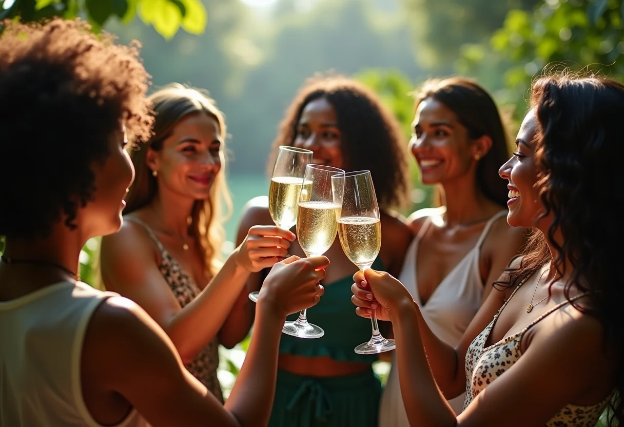 Mulheres brindando em viagem de incentivo na natureza exuberante