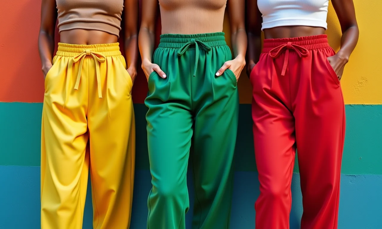 Mulheres com calças clochard em cores vibrantes.