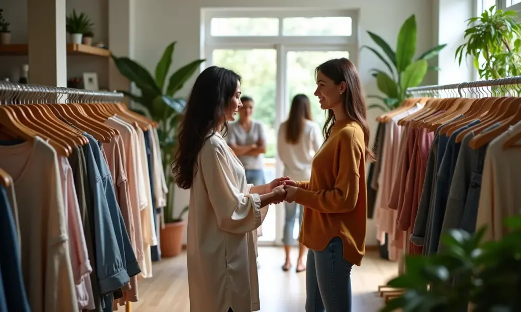 Slow Fashion: Entenda o Movimento por uma Moda Mais Ética e Duradoura (e Como Participar!) Mulheres comprando roupas sustentáveis em boutique slow fashion.