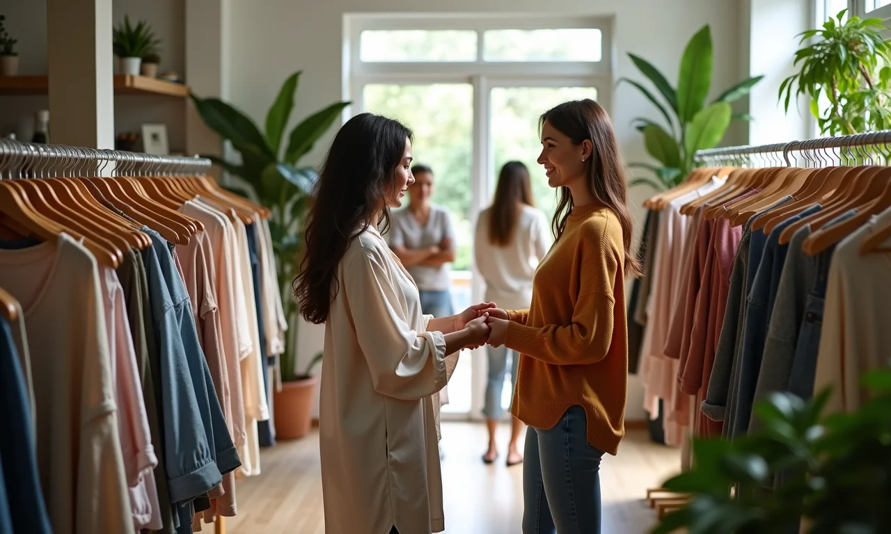 Mulheres comprando roupas sustentáveis em boutique slow fashion.