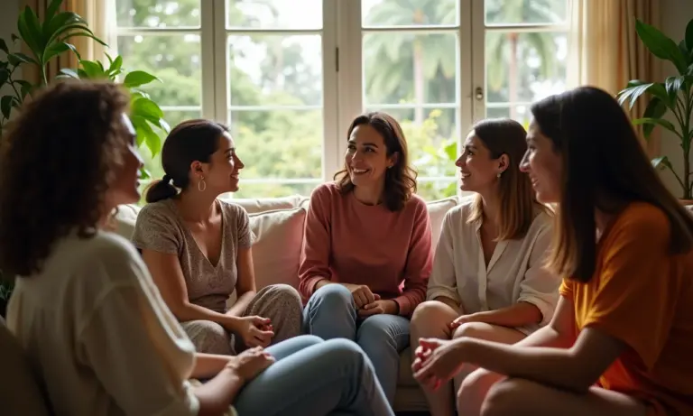 Mulheres conversando em sala iluminada, praticando comunicação não violenta.